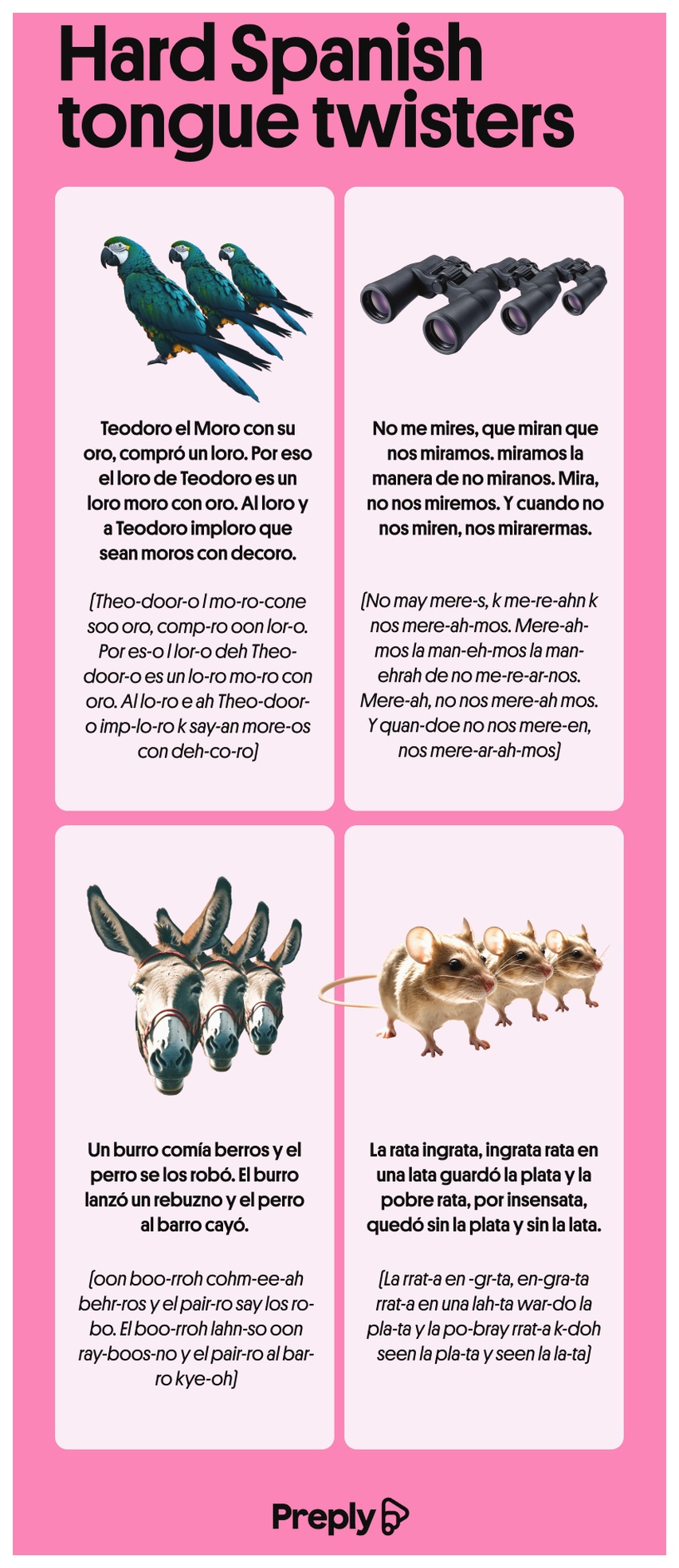 Infographic with advanced level Spanish tongue twisters 
