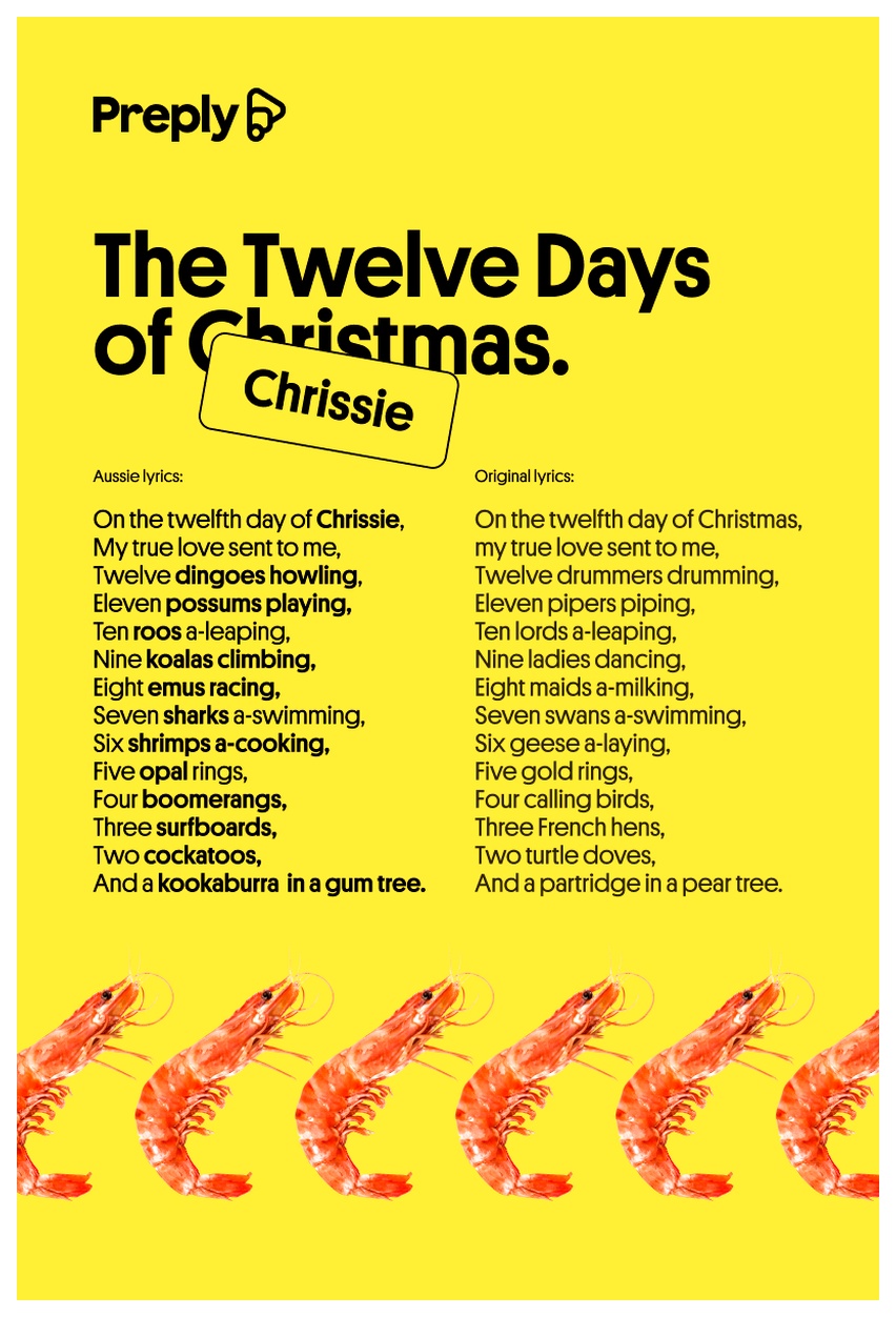Lyric sheet of the aussie-inspired Twelve Days of Christmas song