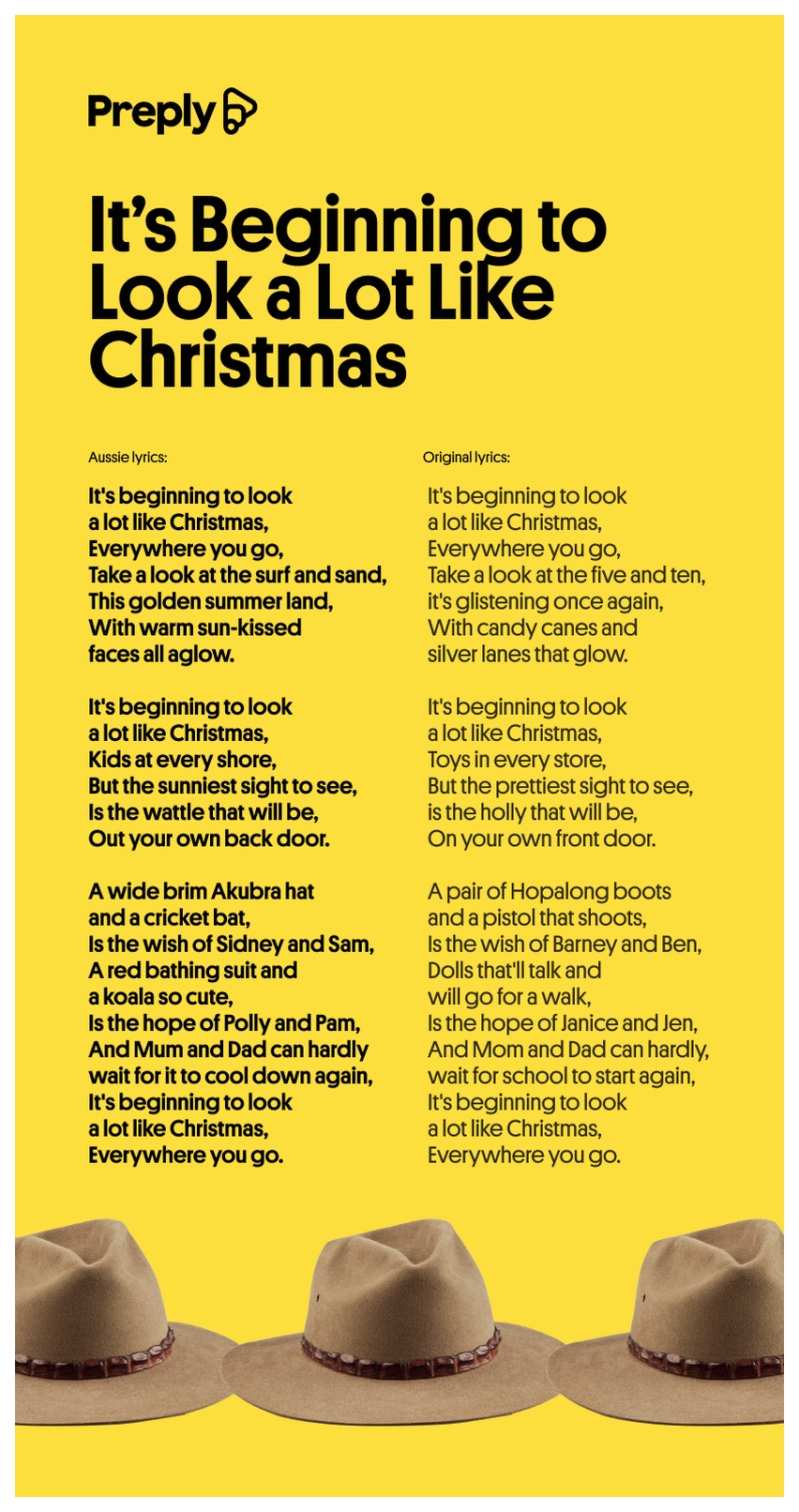 Lyric sheet of the aussie-inspired It’s Beginning to Look a Lot Like Christmas song