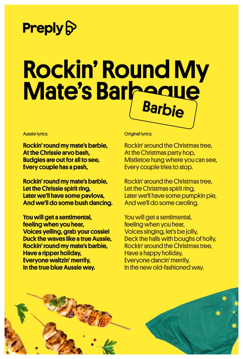Lyric sheet of the aussie-inspired Rockin around the Christmas tree song