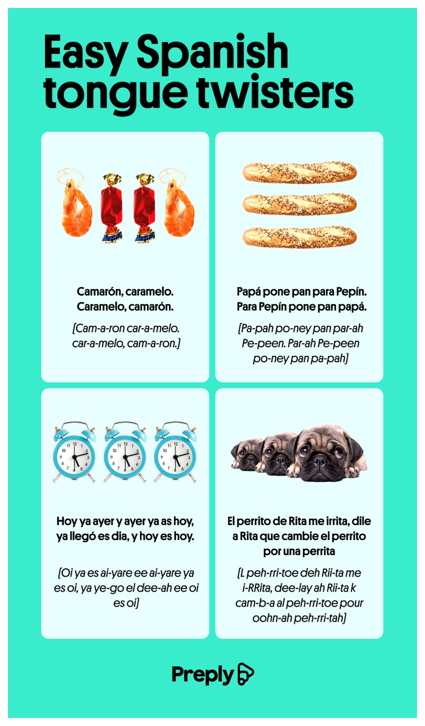 Infographic with beginner-level Spanish tongue twisters 