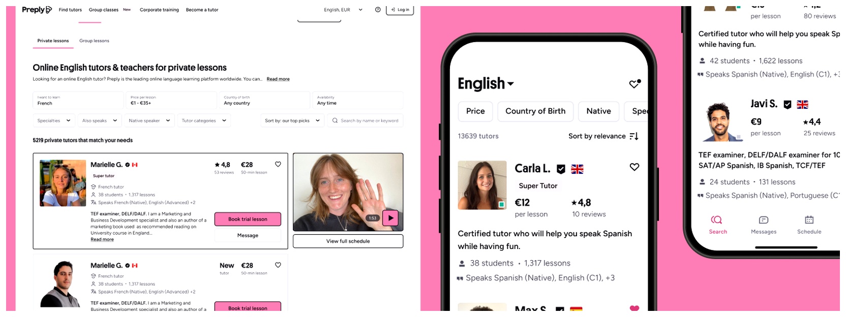 Images of Preply web search page and app to find language tutors.