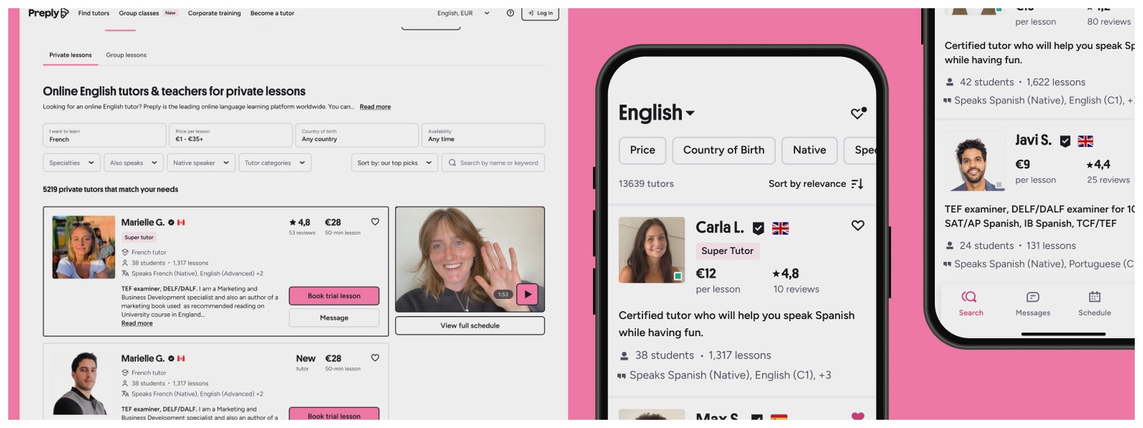 Image of tutors on Preply web and app on the search page to find tutors