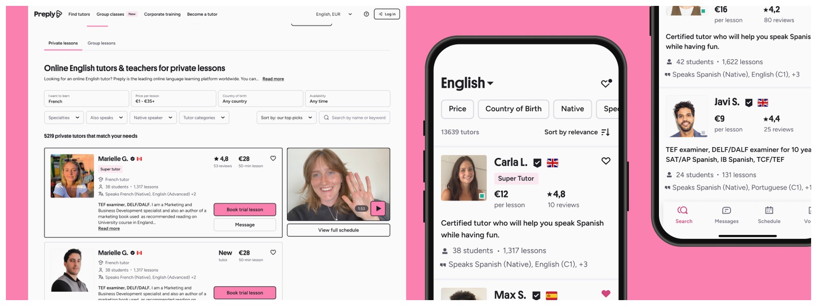 Image of tutors on Preply web and app on the search page to find tutors