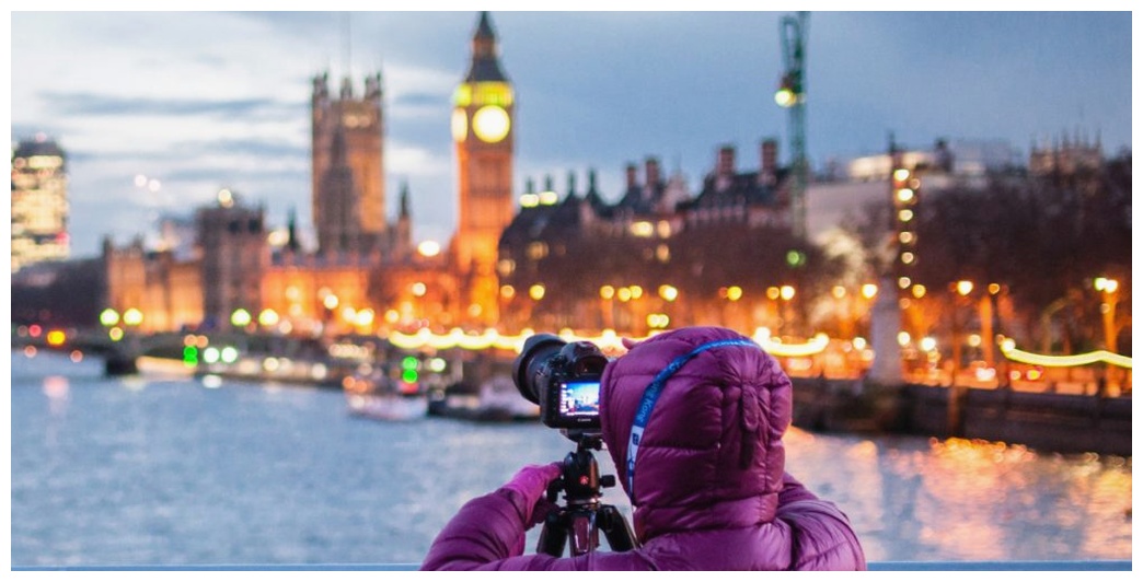 English travellers taking photographs of London
