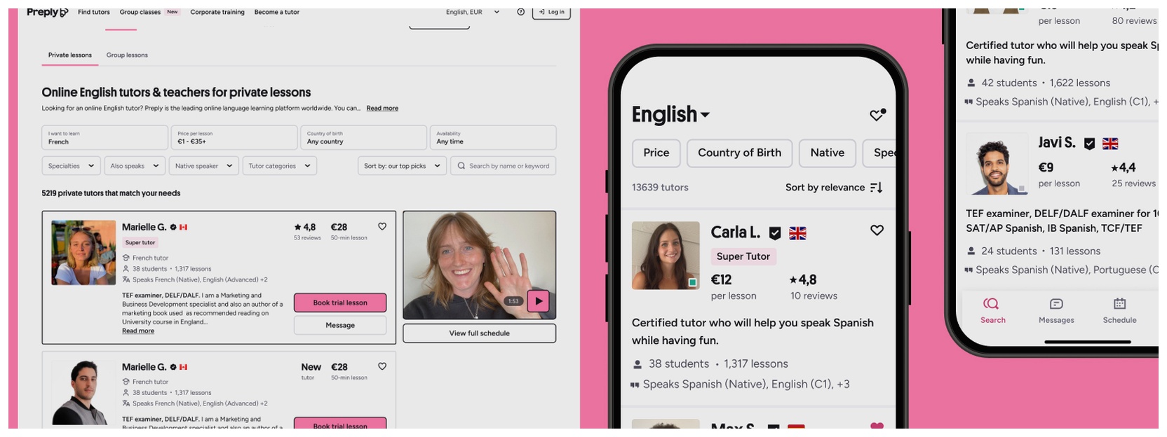 Images of Preply web search page and app to find language tutors.