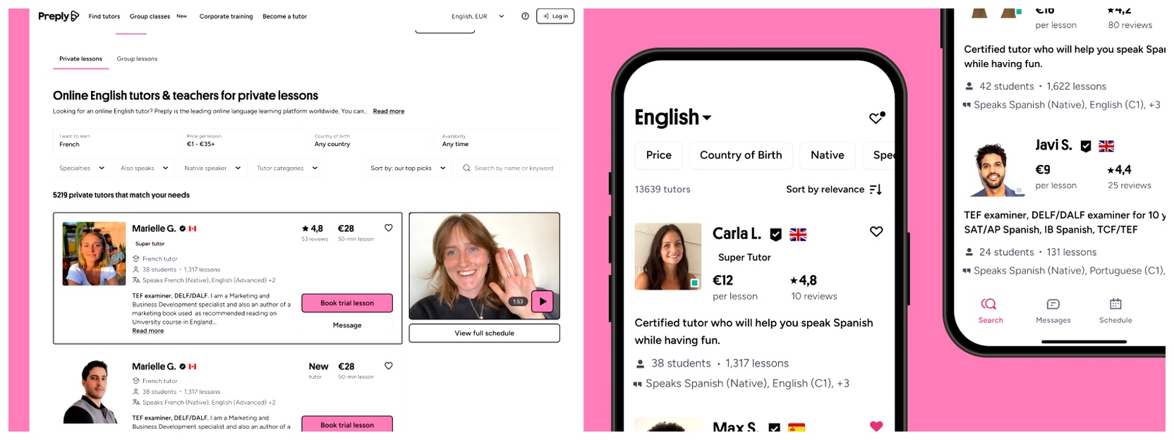 Images of Preply web search page and app to find language tutors.