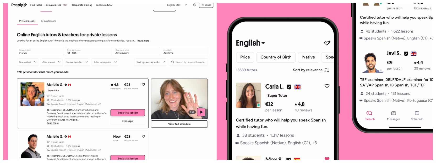 Images of Preply web search page and app to find language tutors.