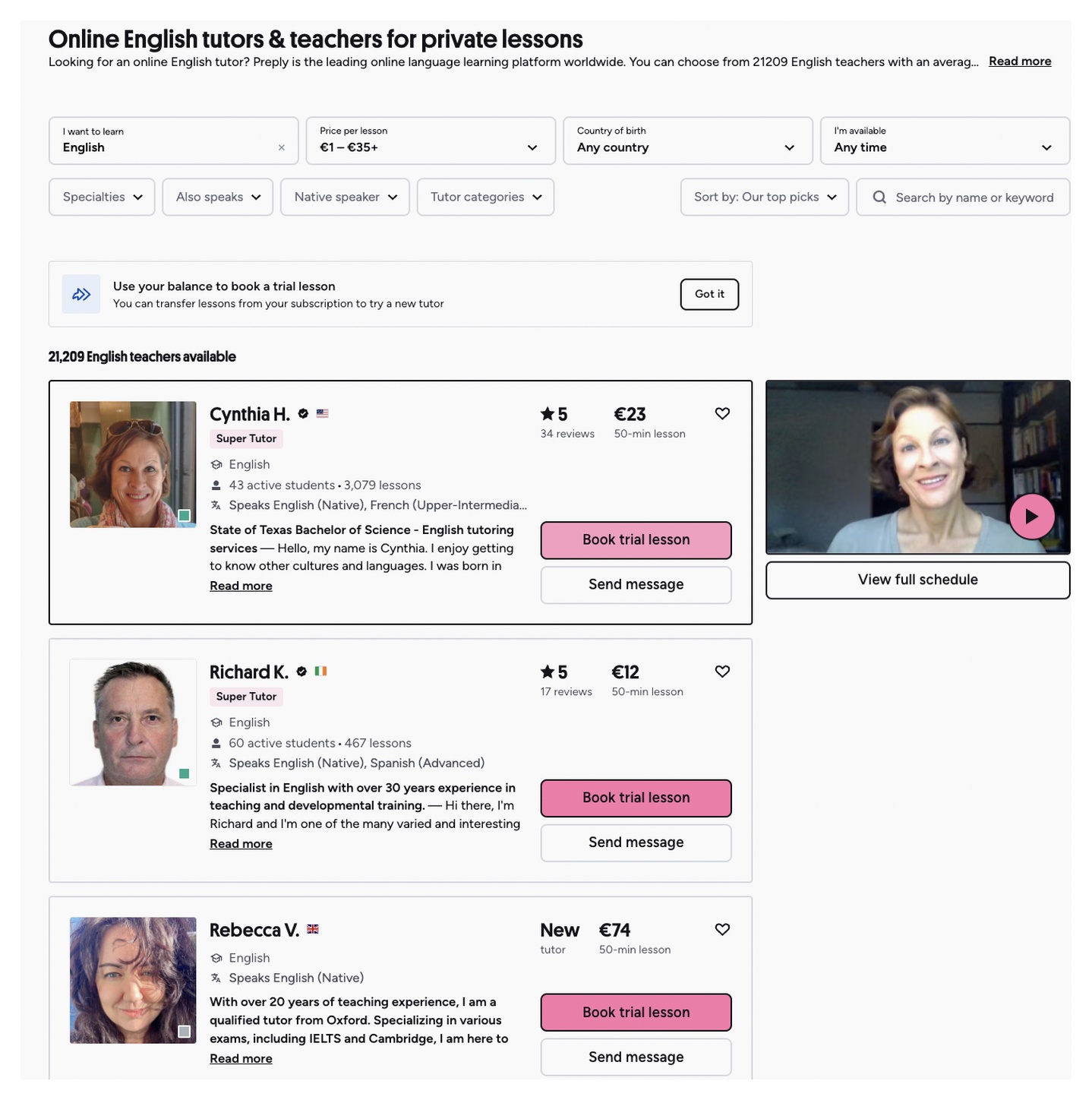 Online English tutors page