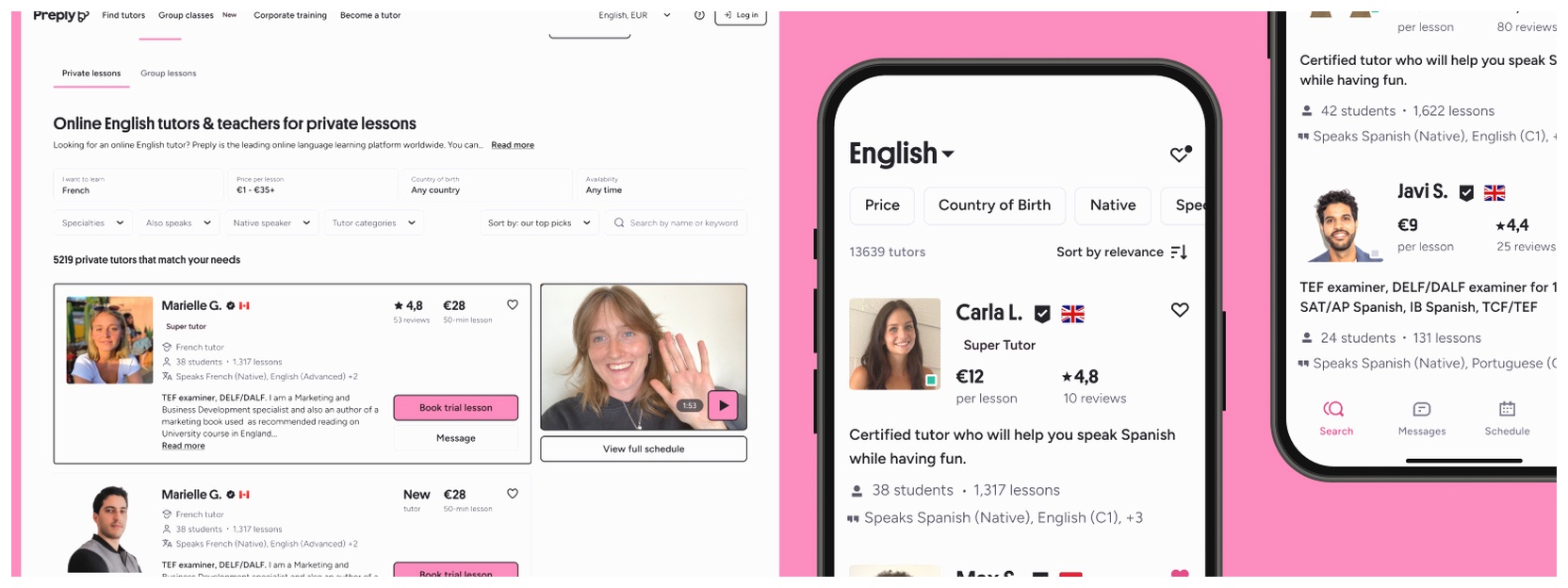 Images of Preply web search page and app to find language tutors.