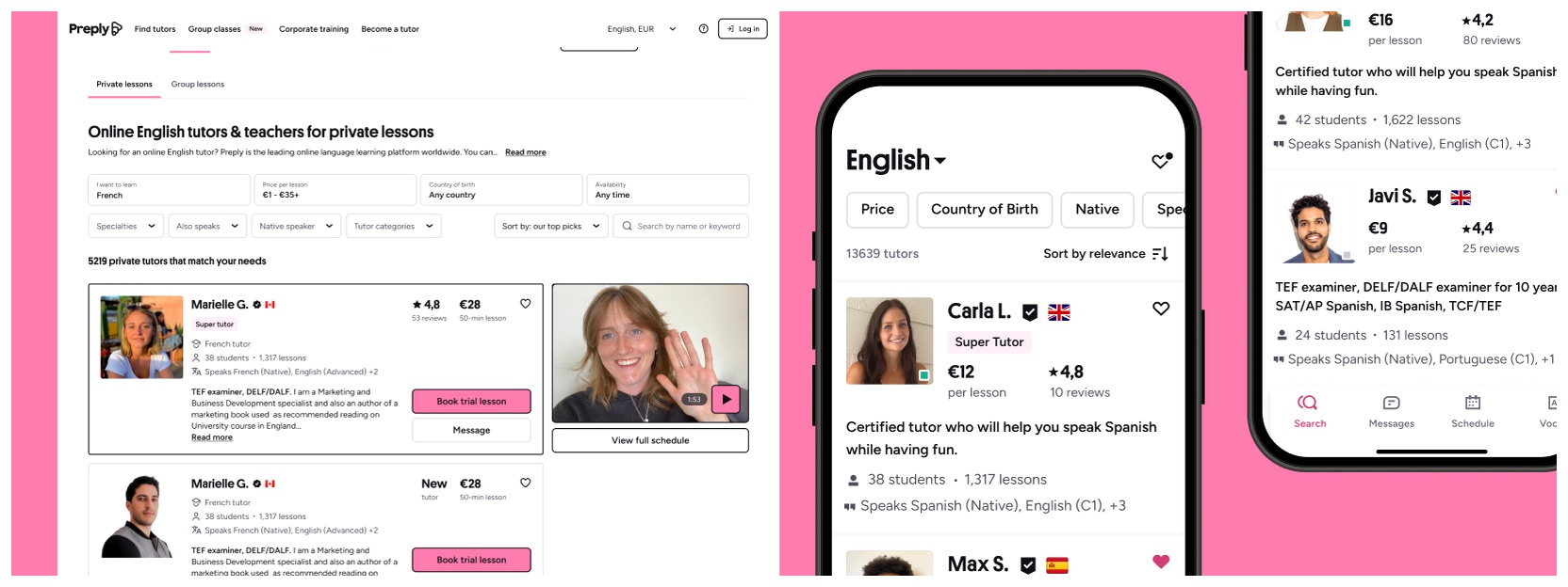 Image of tutors on Preply web and app on the search page to find tutors