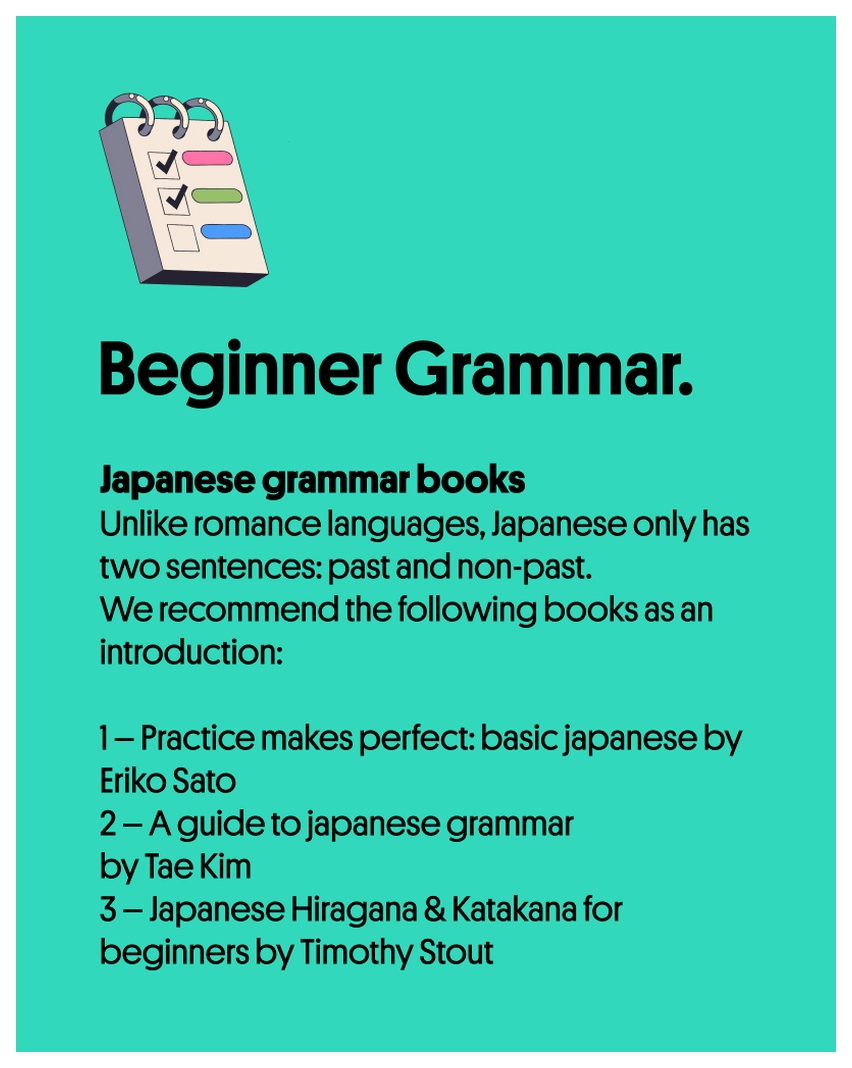 Infographic with a list of three books to learn begginer Japanese grammar