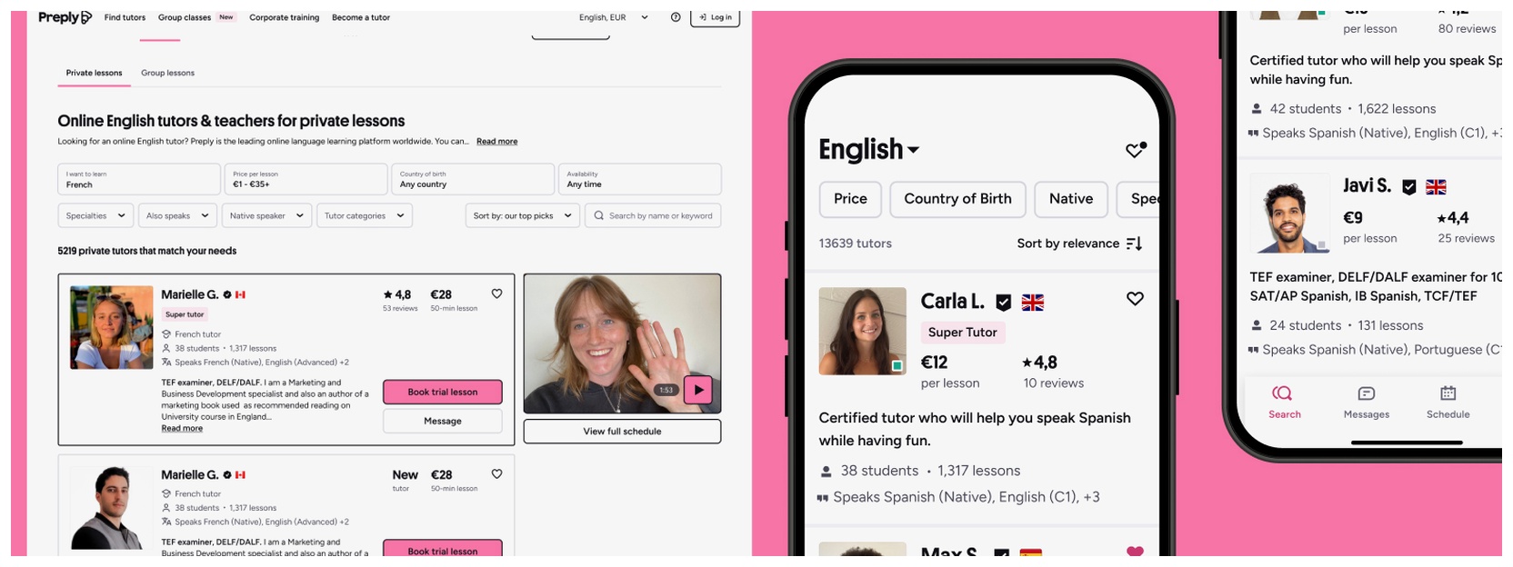 Images of Preply web search page and app to find language tutors.
