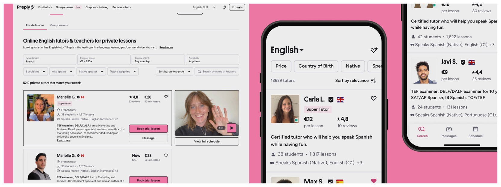 Images of Preply web search page and app to find language tutors.