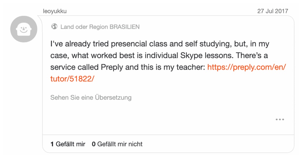 Preply tutor recommendation on HiNative forum
